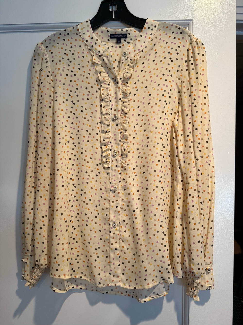 Gilber Gilmore Cream Polka Dot Silk Ruffle Button-Front Blouse